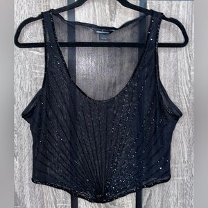 Moda International Sheer black tank top with beaded design ~Sz L~